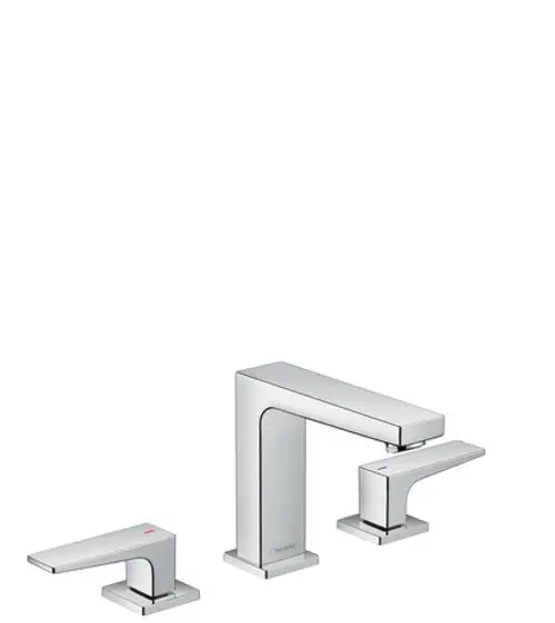 Hansgrohe Waschtischarmatur mit zwei Hebelgriffen und Push-Open Ablaufgarnitur in Chrom. Drei separate Teile in schlichter, geometrischer Form.